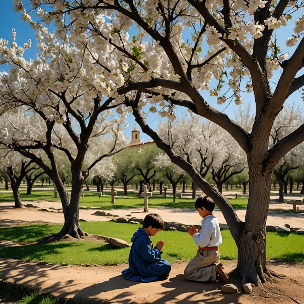 Child Praying by Almond Tree and Cross
