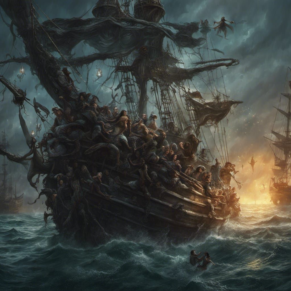 Mermaids Swarming Pirate Ship: Dark Fantasy Art