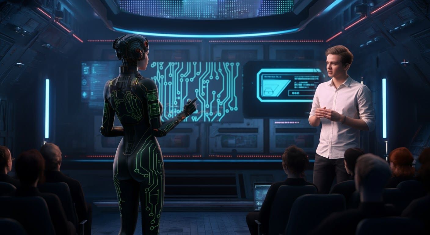 Cyborg and Man Presenting at Futuristic Seminar