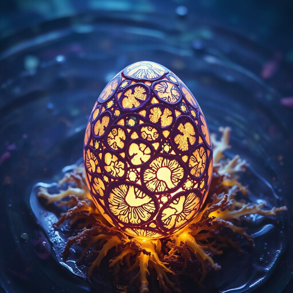 Glowing Bioluminescent Egg Amidst a Deep-Sea Coral Reef