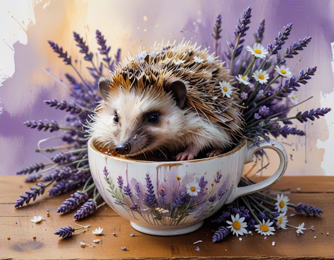 Hedgehogs in Teacup as Neo-Impressionist Oil Painting