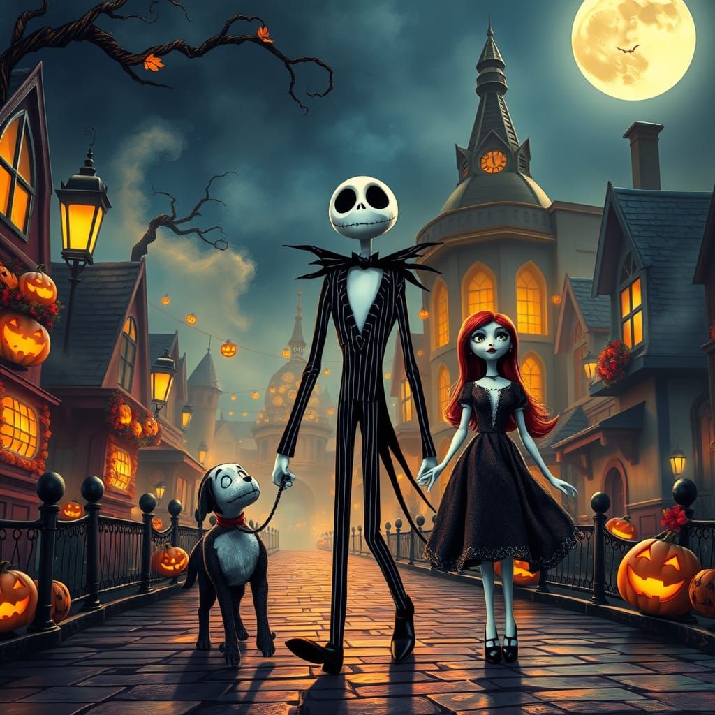 Jack Skellington Strolls with Sally on a Whimsical Halloween...