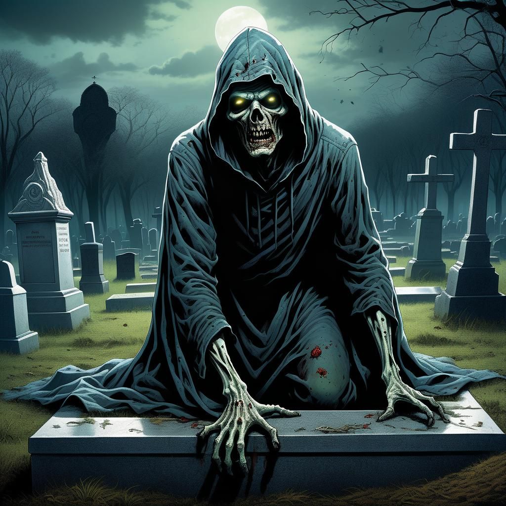 Hooded Zombie Rises in Cemetery, Gothic Horror