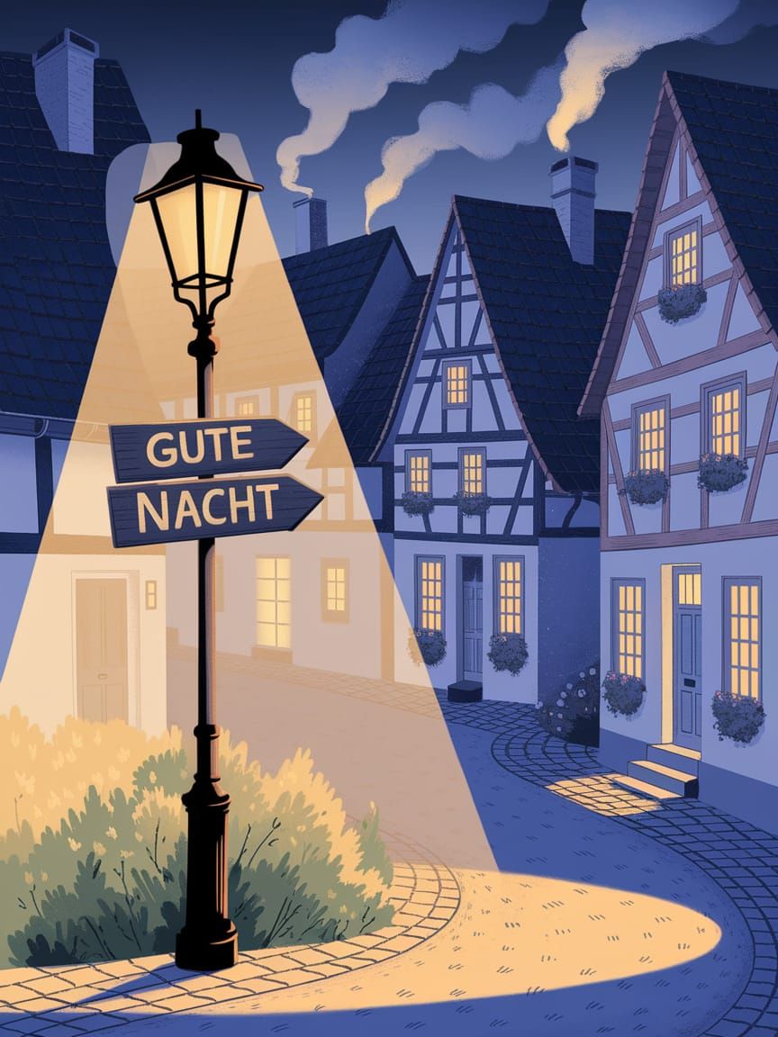 Charming Night Village with Golden Street Lamp Glow