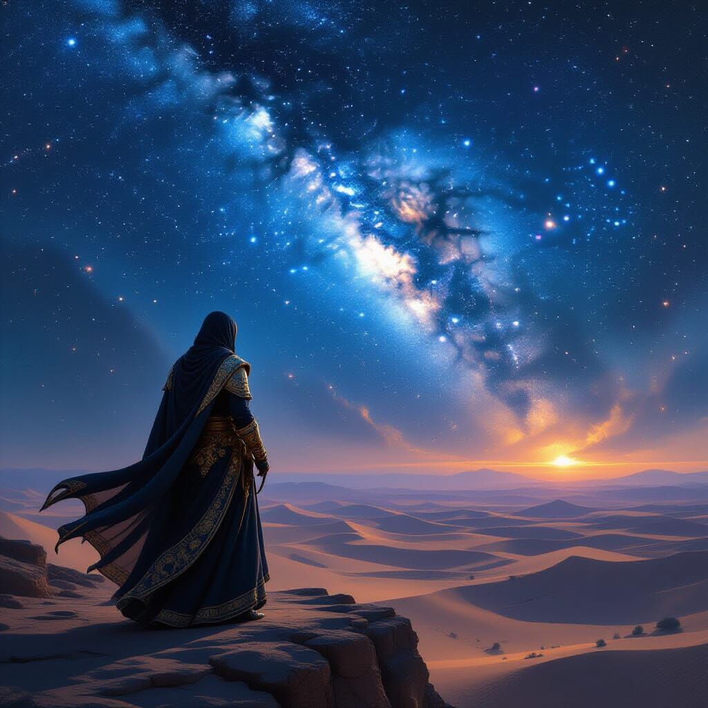 Medieval Persian Warrior on Cliff Under Starlit Desert Sky