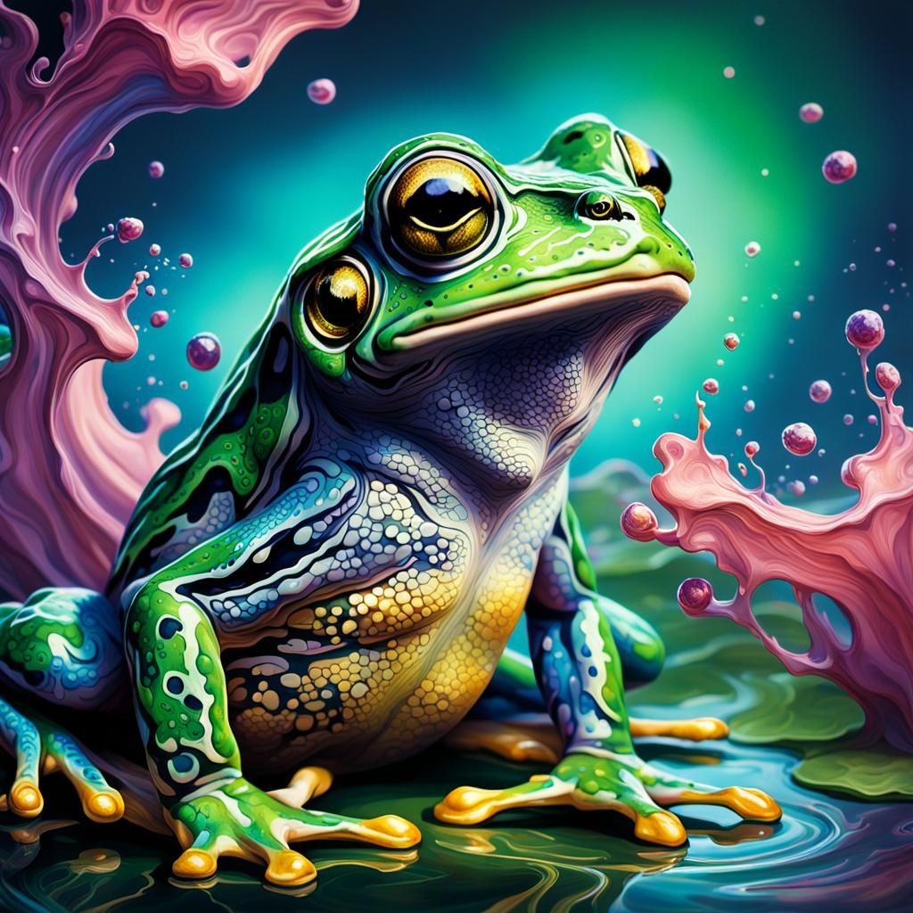 Surprised Frog Farting in Hyperrealistic Splash Art