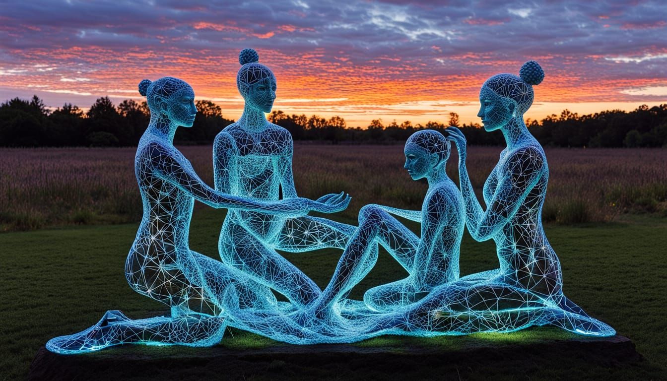 Surreal Fragmented Sculpture of Women with Glowing Creatures