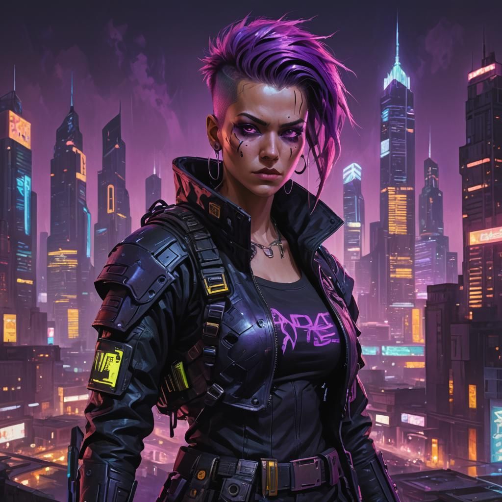 Cyberpunk Warrior in Neon Cityscape Concept Art