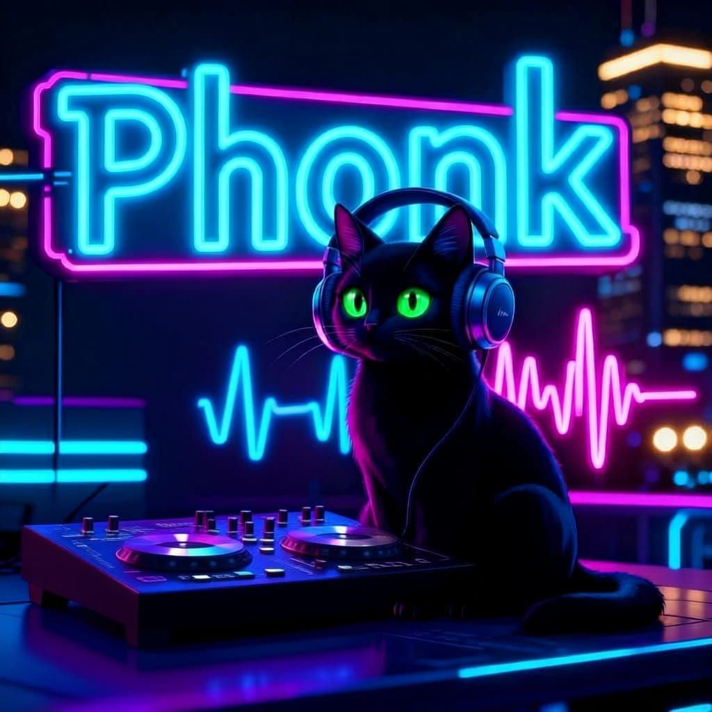 Phonk Cat with Dual Signs in Matching Background
