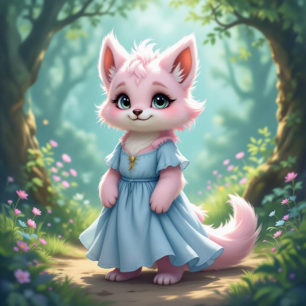 Pink Dog Dragon in Ethereal Forest Clearing