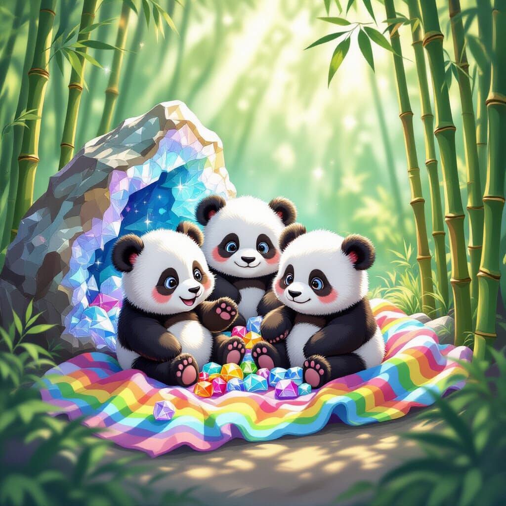 Rainbow Panda Cubs Play in Crystal Geode