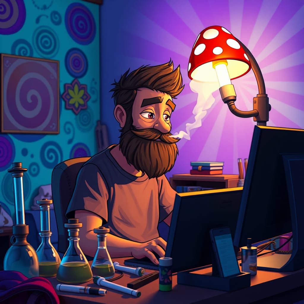 Cartoon Man Surrounded by Cannabis in Pixar Style