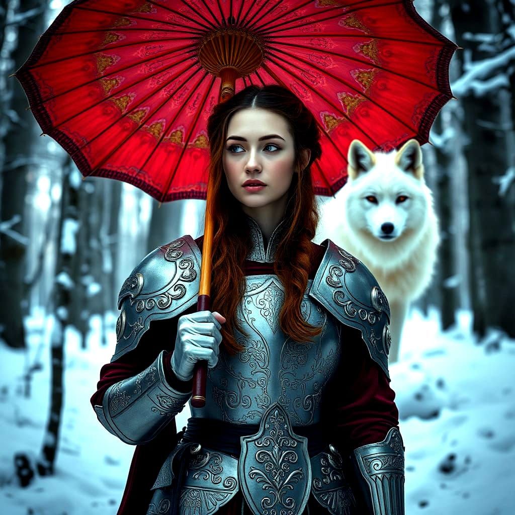 Regal Woman in Armor Writes Snow Fox in Winter Wonderland