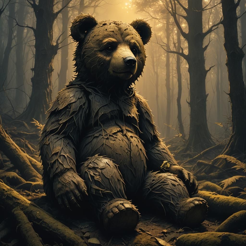 Eerie Teddy Bear in Mystical Forest: Dark Fantasy Art