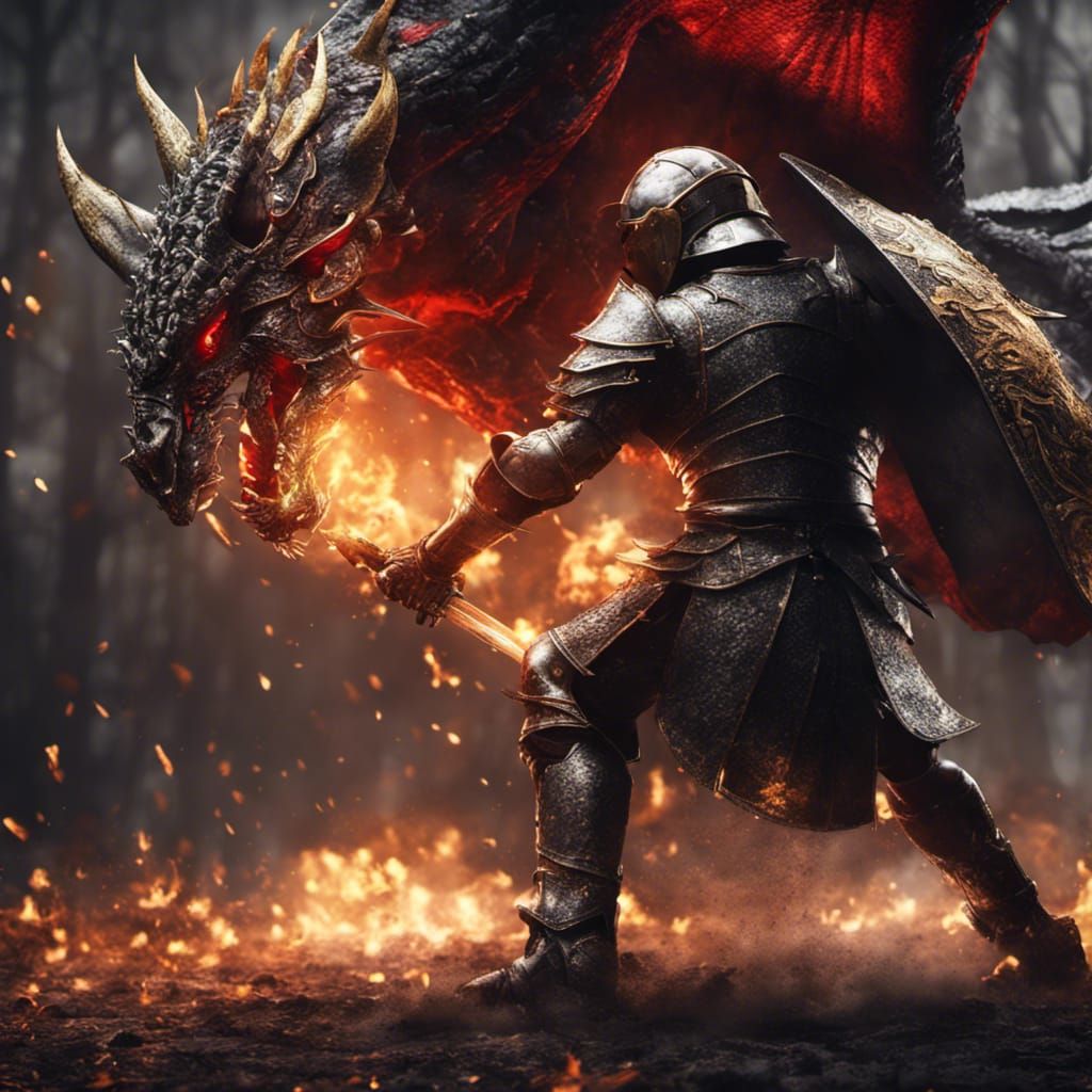 Medieval knight fighting dragon