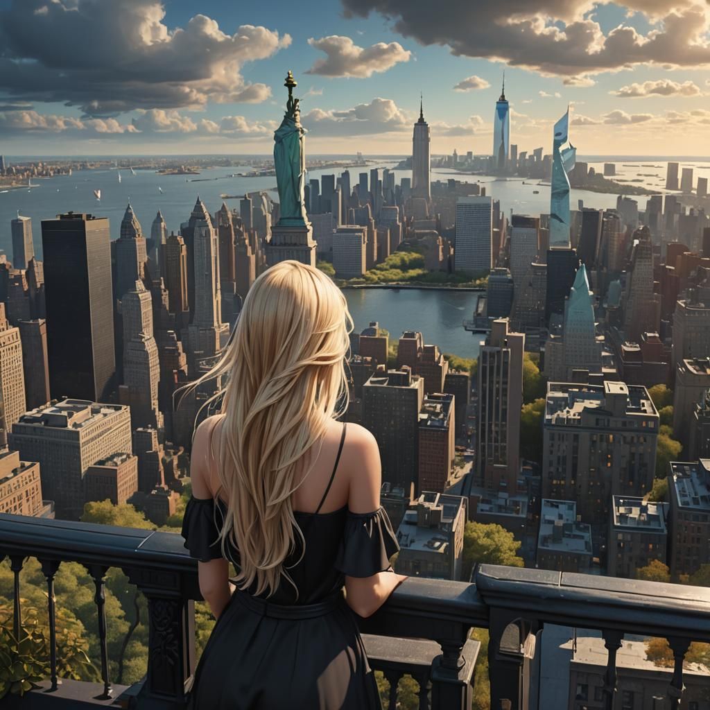 Blonde Girl Overlooking New York City, Detailed Matte Painti...
