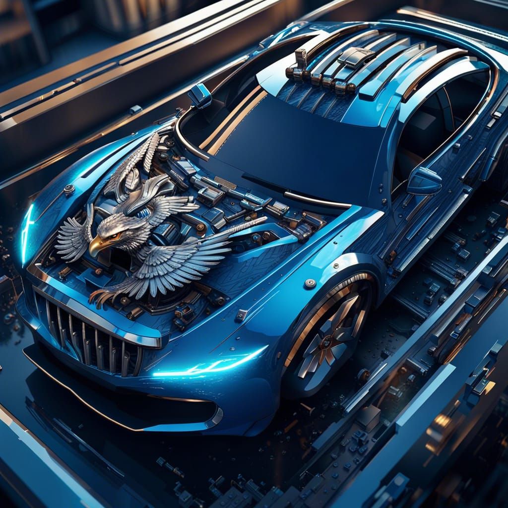 Eagle-Themed Car Modification in Sci-Fi Cityscape