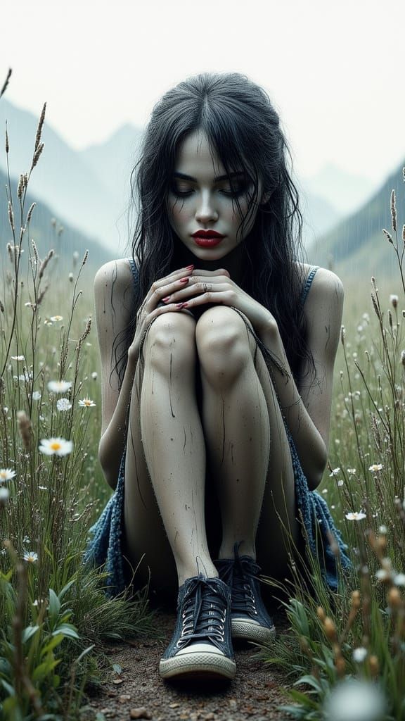 Monochromatic Portrait of a Woman in a Lush Meadow