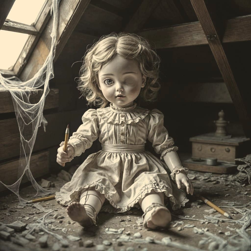 Creepy Porcelain Doll Transforms into Pencils in Dusty Attic