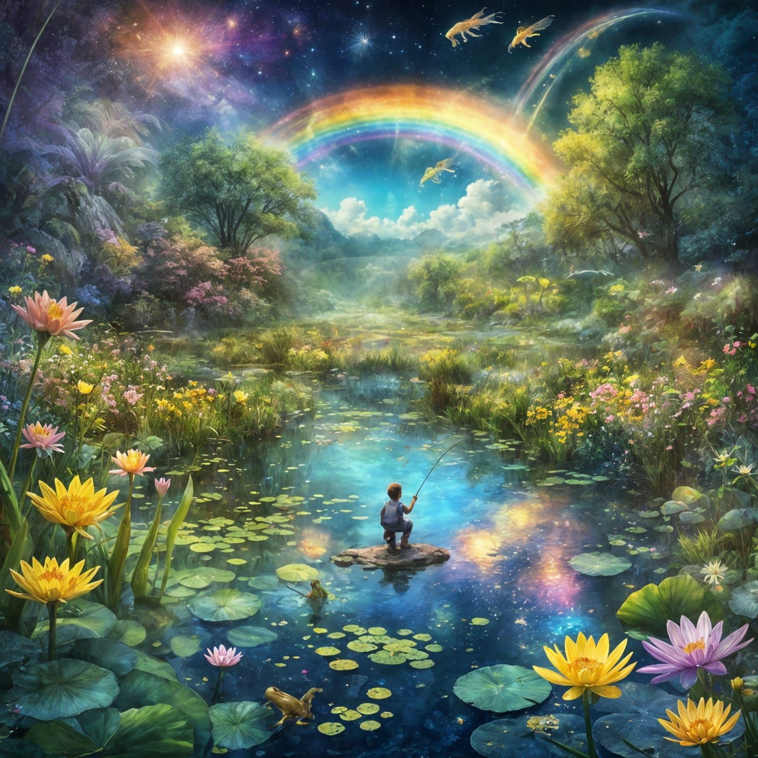 Cosmic Spring River Scene with Rainbow Wildflowers and Frogs