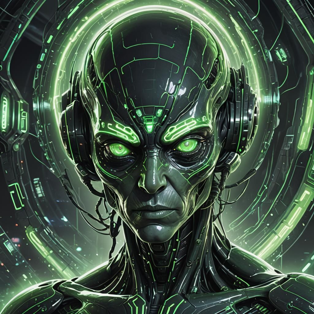 Alien Portrait in Dimensional Rift with Neon Holograms