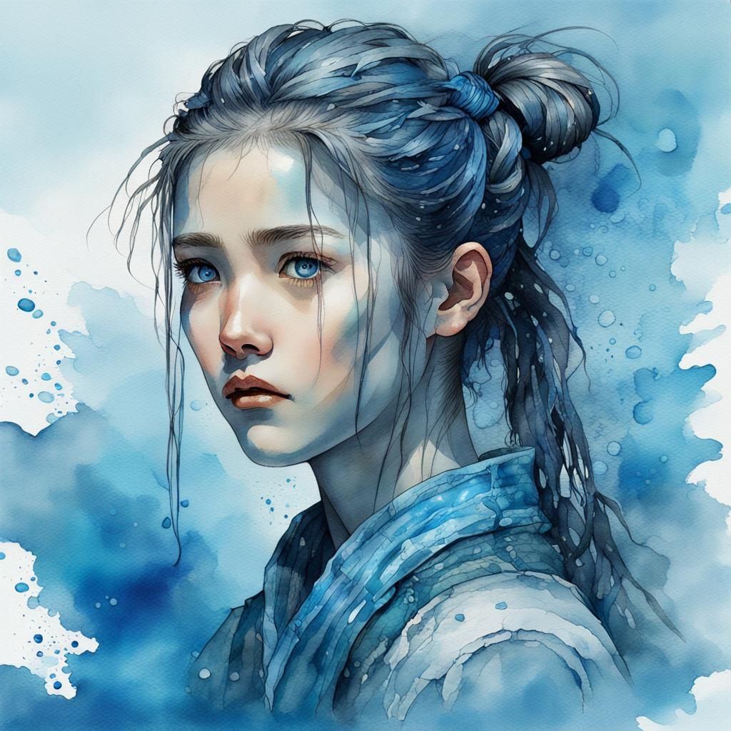 Chinese Girl Portrait in Watercolor Ink Style