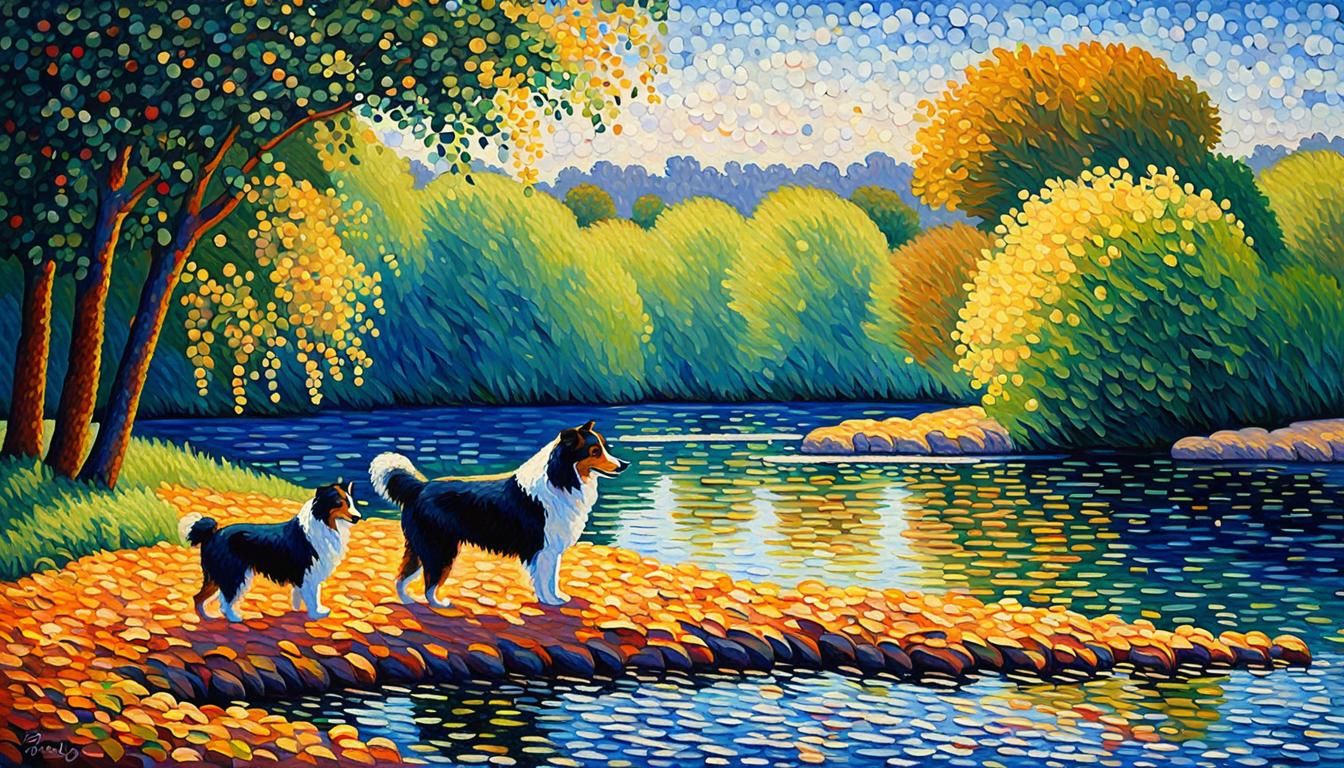 Collie Dogs on Riverbank in Pointillist Style