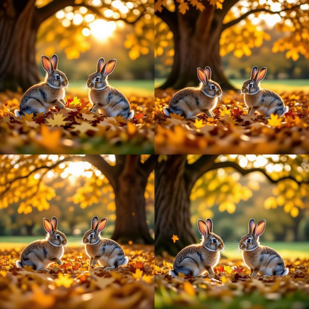 Rabbit and Hare Play Among Autumn Leaves