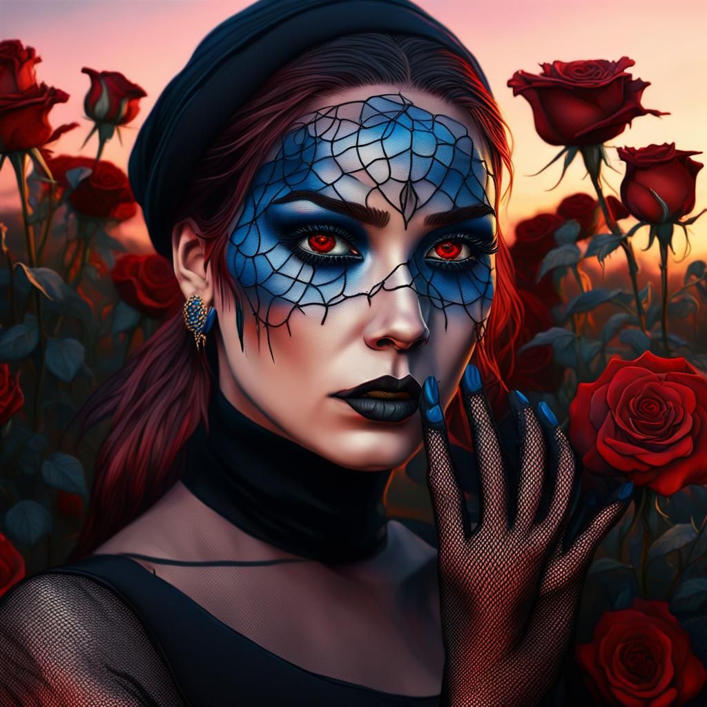 Gothic Girl in Twilight Rose Field: Digital Painting
