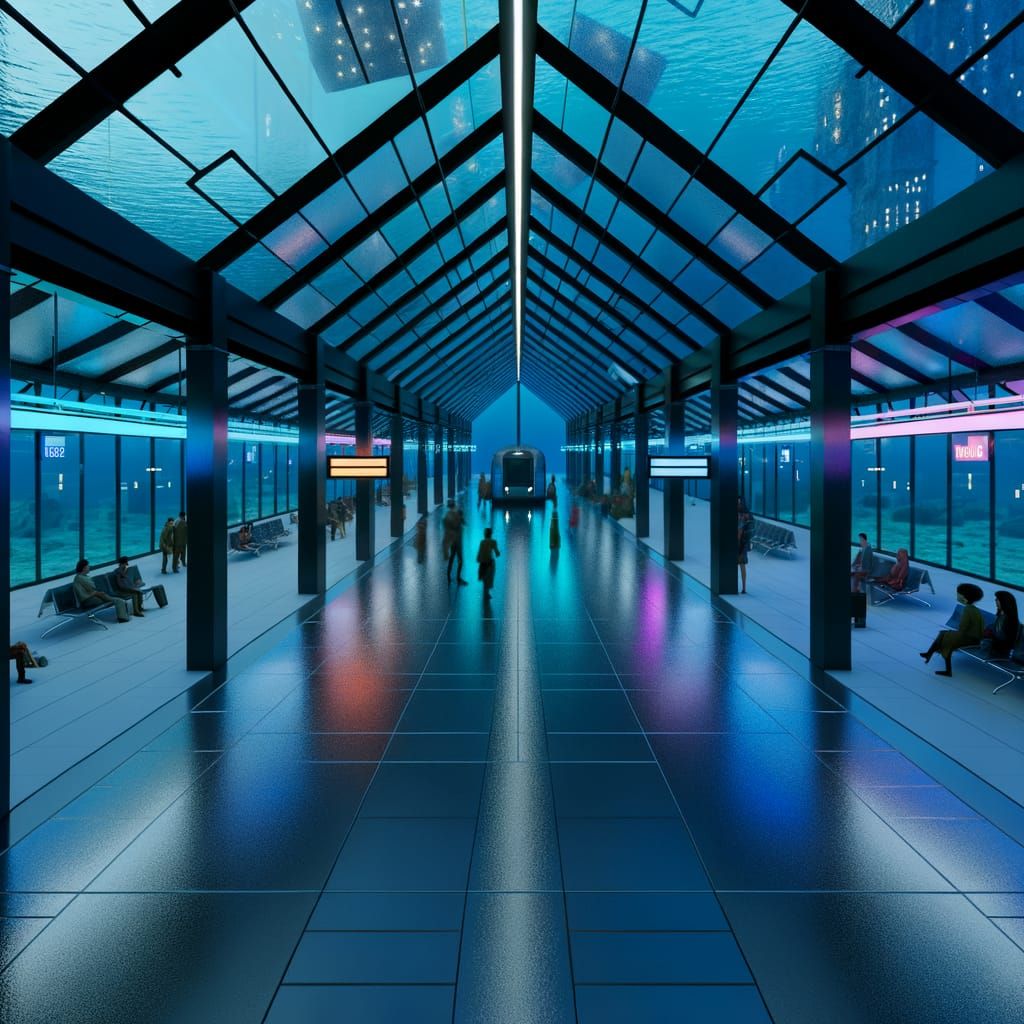 Underwater Train Station with Glass Walls