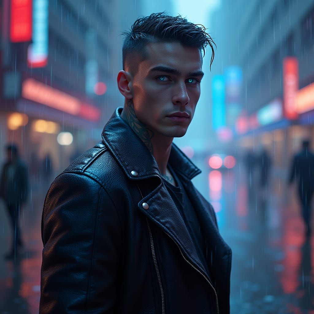 Cyberpunk Man with Neon Tattoos in Rainy Cityscape