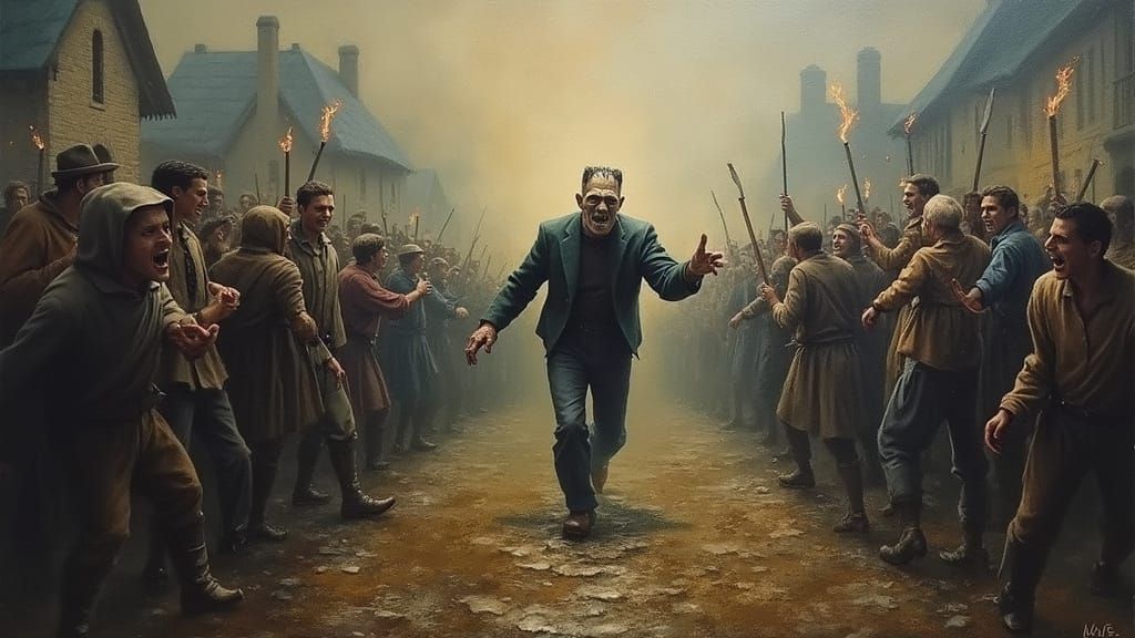 Distorted Village Scene with Fleeing Monster as Impasto Pain...