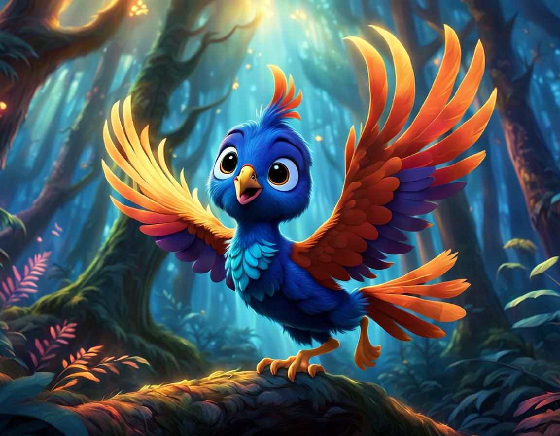 Playful Baby Phoenix Flying in Enchanted Forest