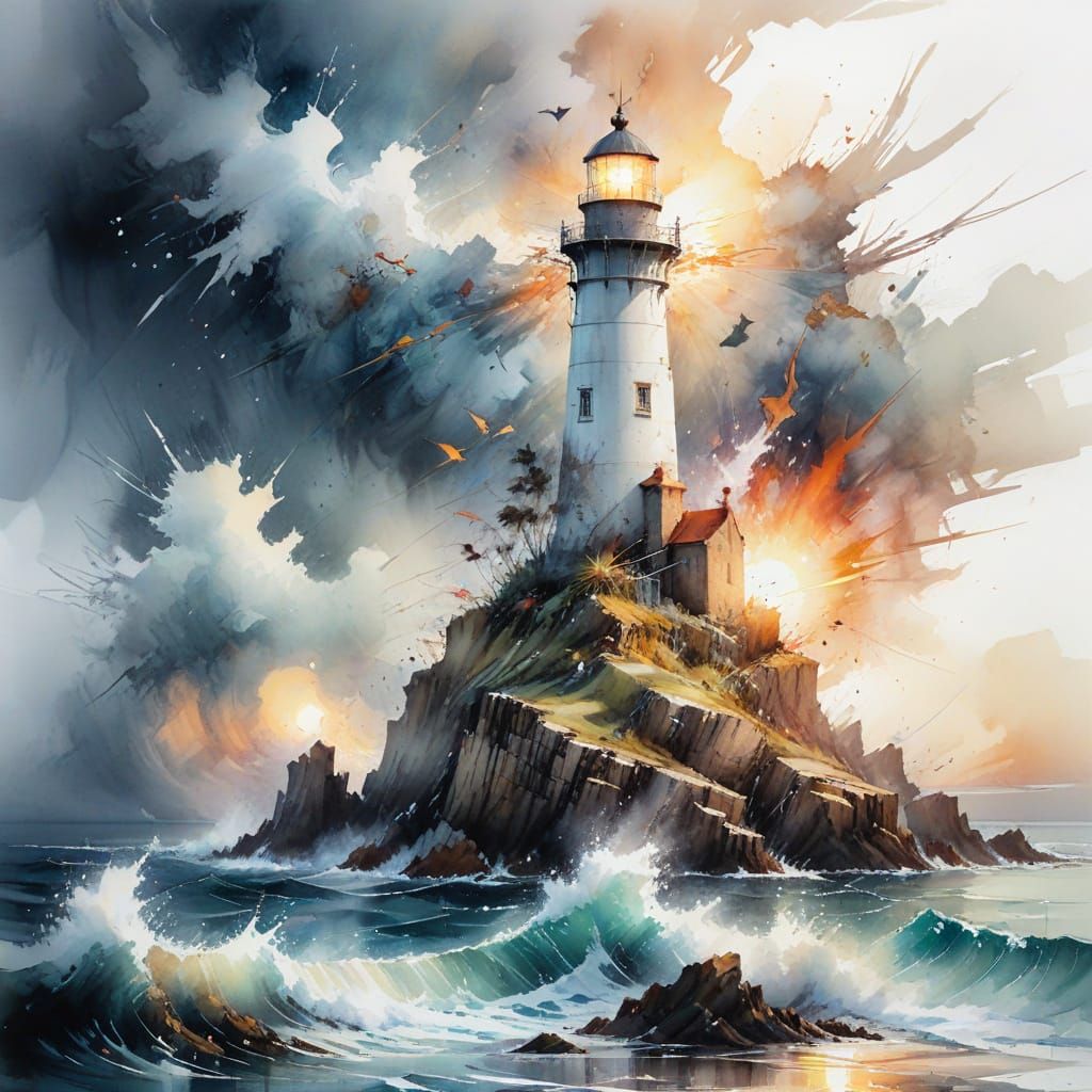 Dramatic Dawn Lighthouse on Turbulent Coast in Whimsical Wat...