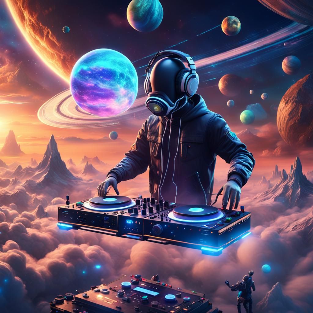 Futuristic DJ Performance in a Mystical Sky