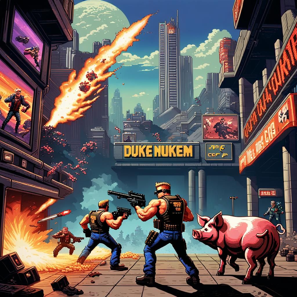 Duke Nukem Pixel Art Shooting Pig Cop in 8-bit