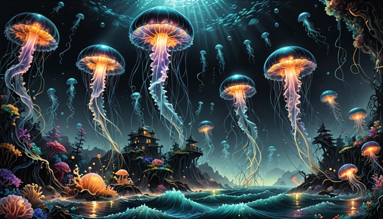 Glowing Jellyfish in the Deep Ocean