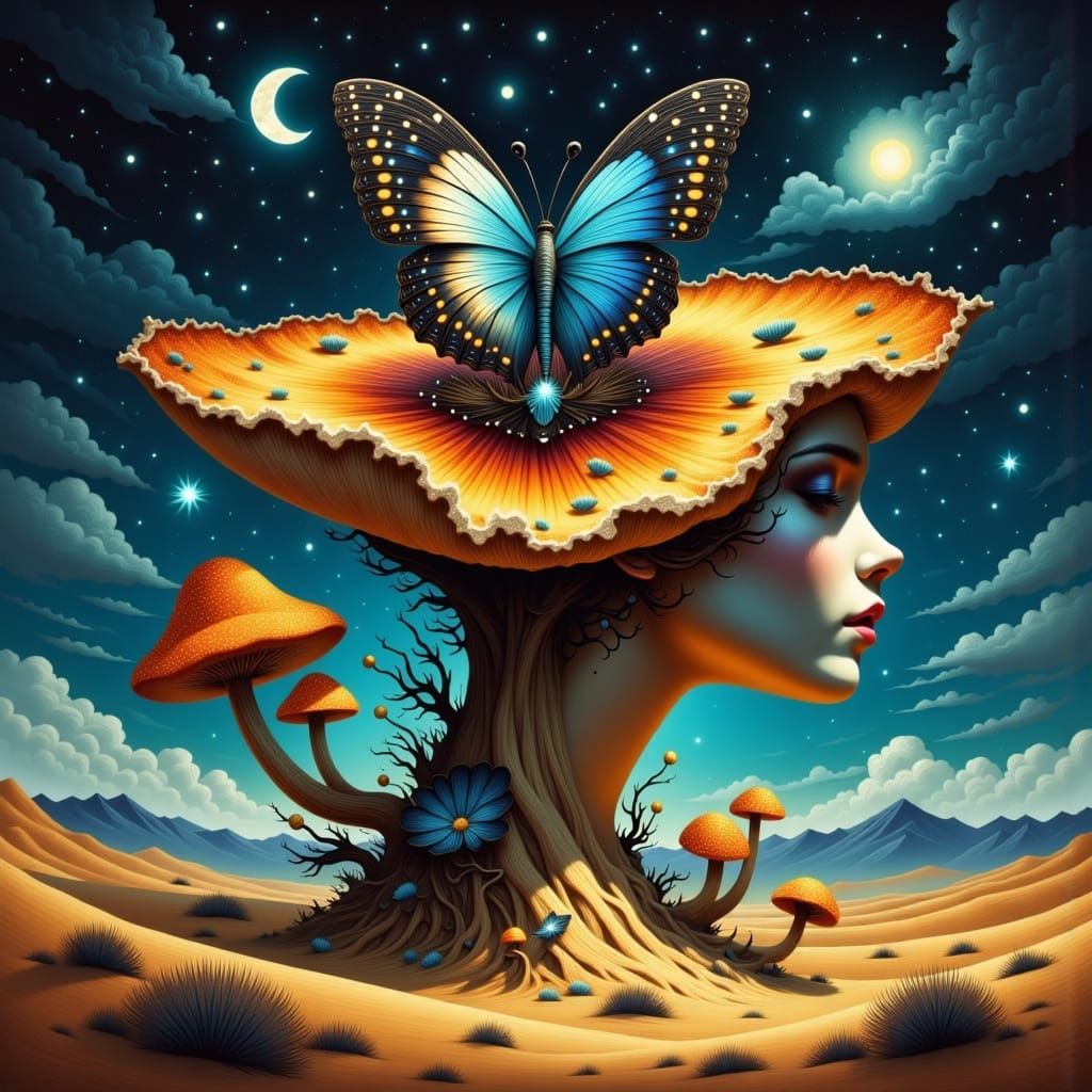 Mushroom Goddess and Giant Butterfly in Desert