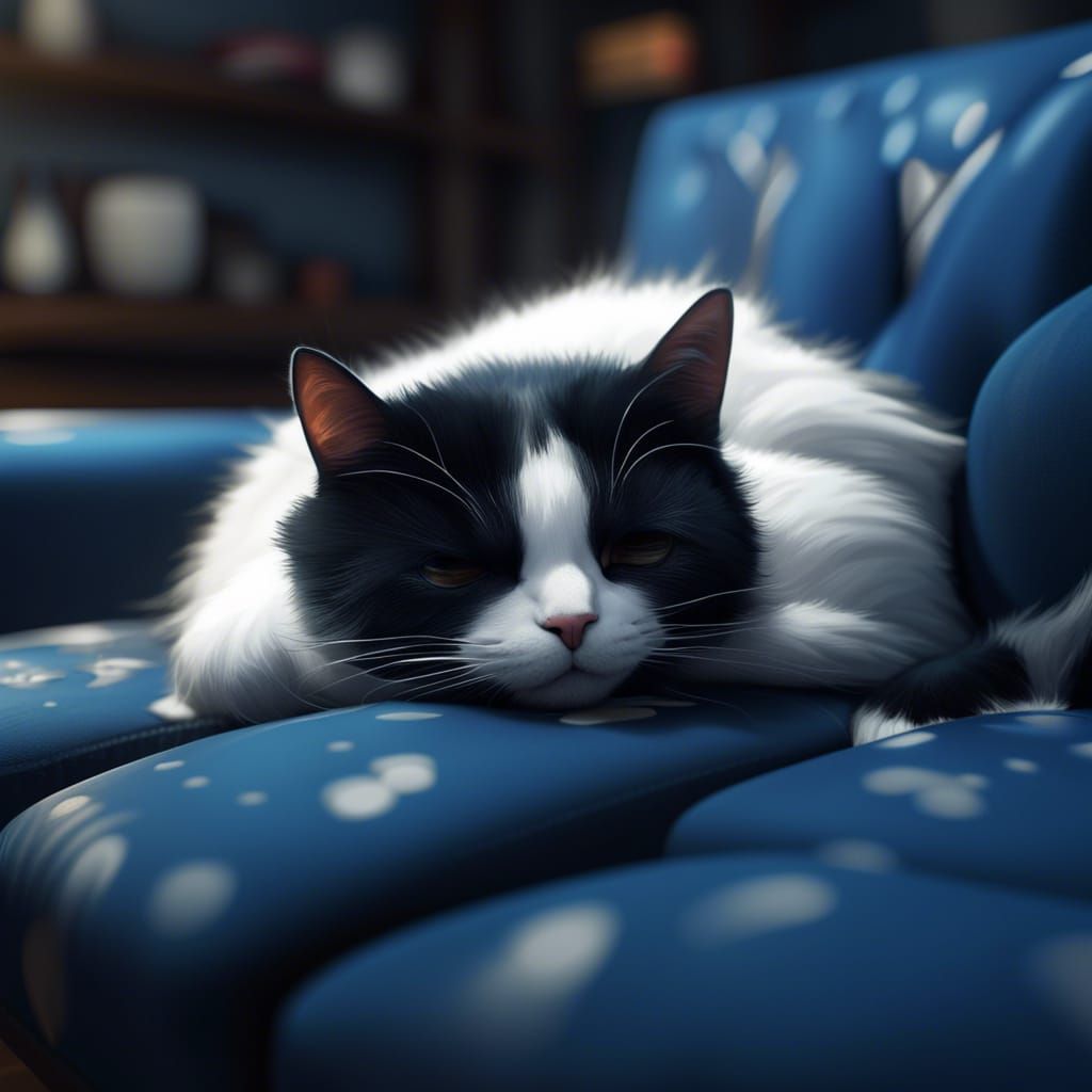 Black and White Cat Sleeping: Detailed Matte Painting