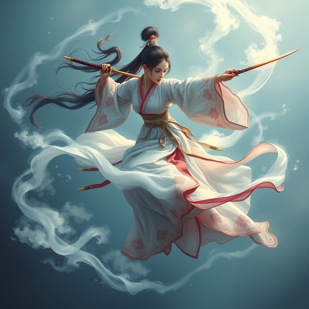 Ethereal Hanfu Warrior in Dreamy Realism