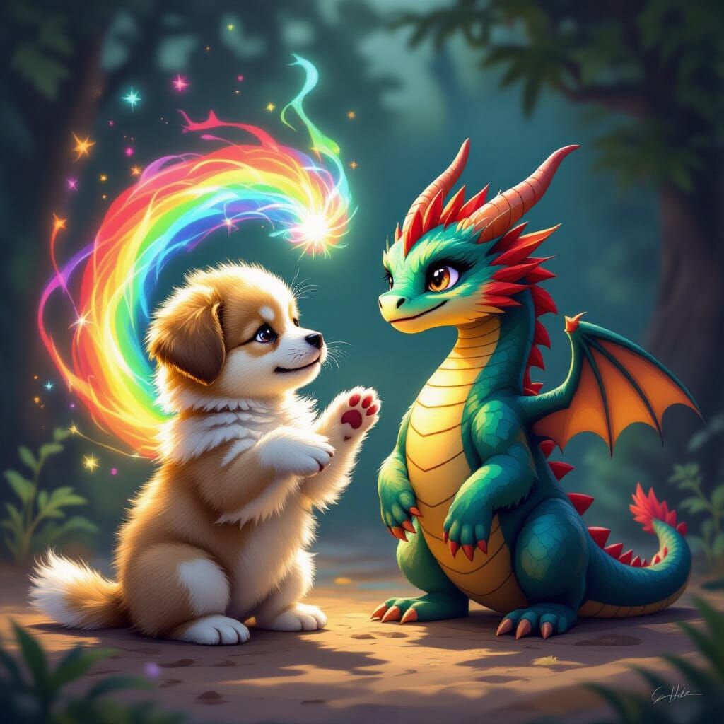 Puppy Casting Spells with Rainbow Aura Dragon