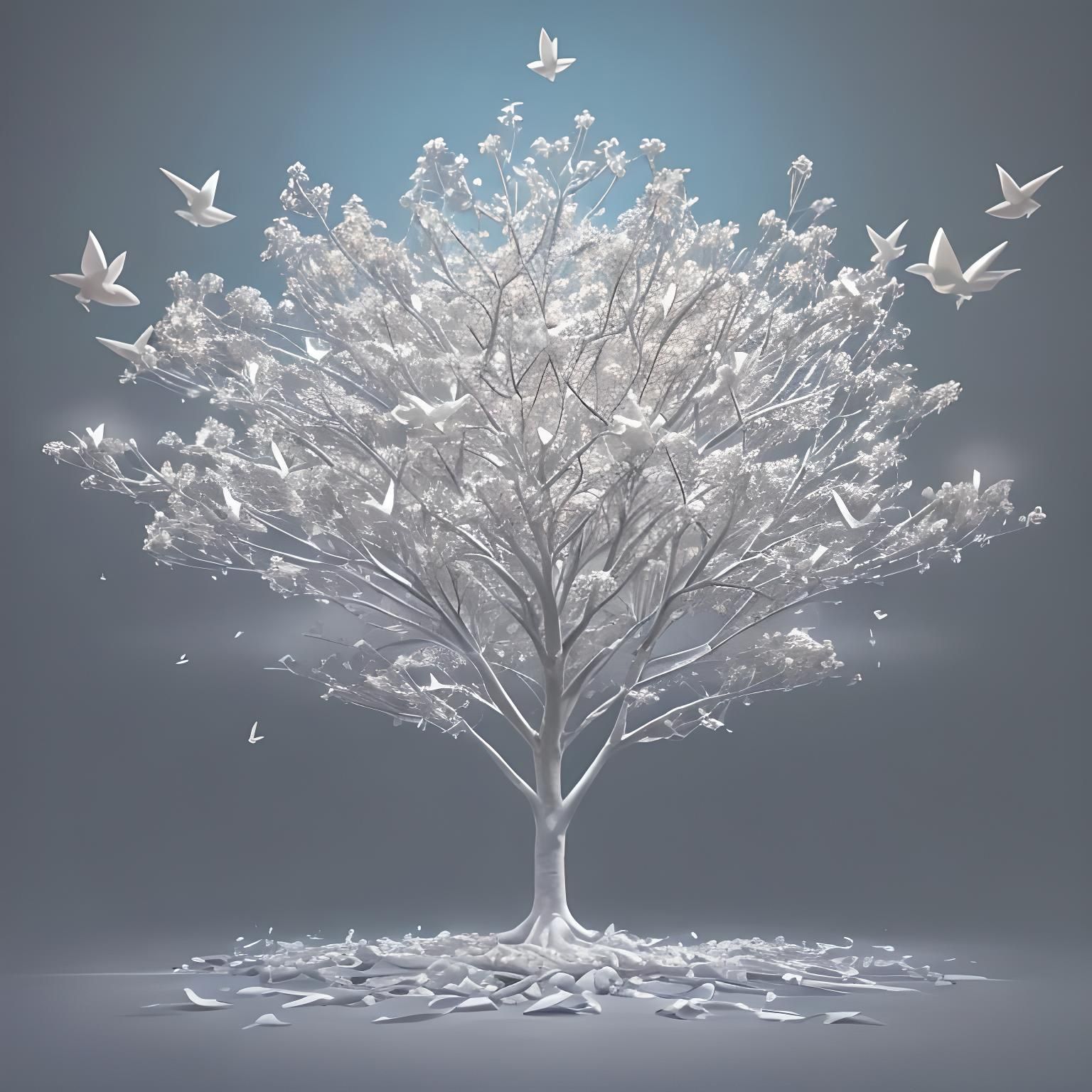 Glowing Origami Crane Tree with Flying Bird Leaves