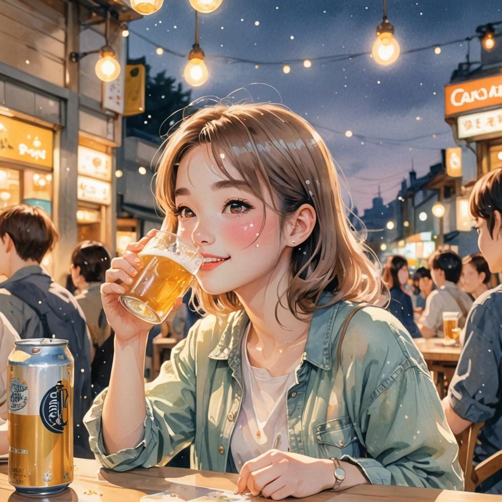Anime Girl Drinks Beer in Watercolor Style