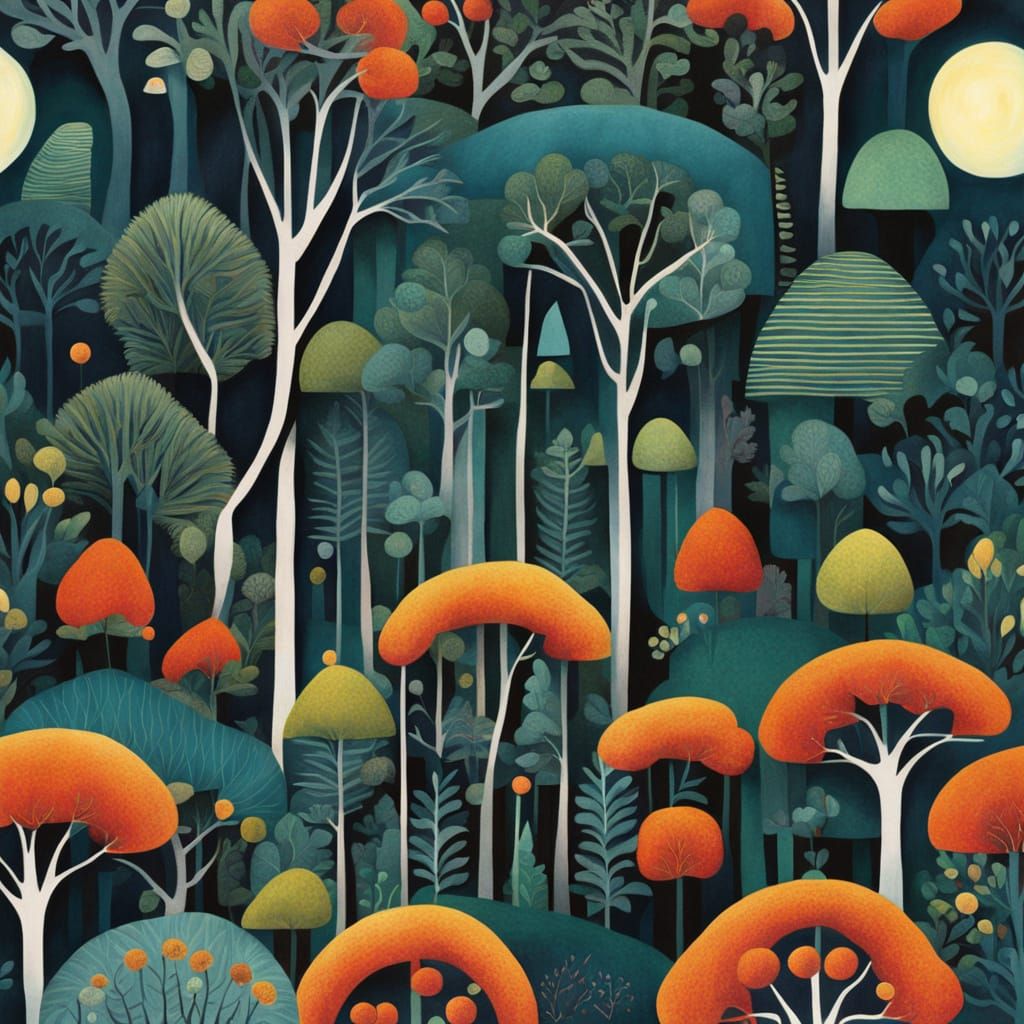 Fantastical Moonlit Forest in Folk Art Style
