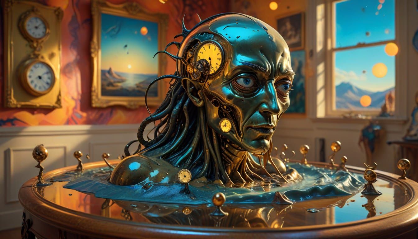 Surreal Alien in Room with Melting Clocks, Dali Style