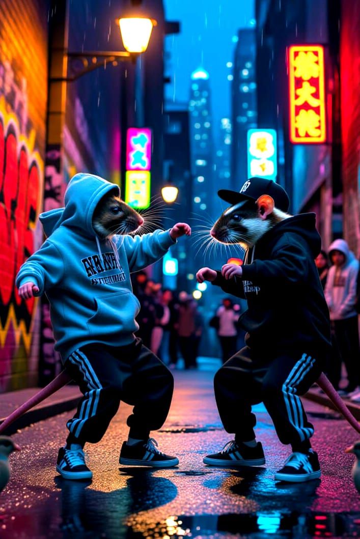 Rats in Urban Alley Breakdancing in Streetwear