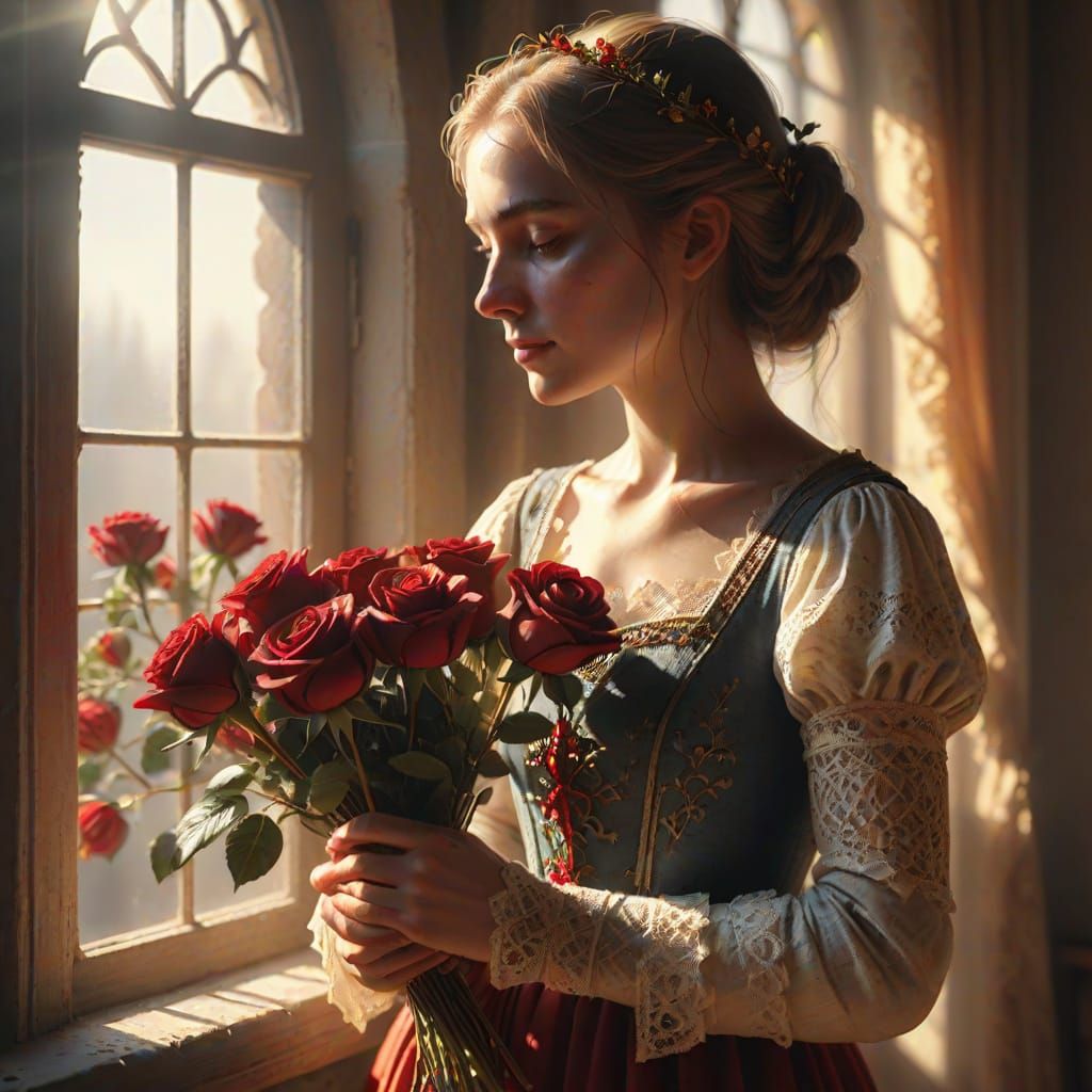 Medieval Woman with Roses in Golden Light