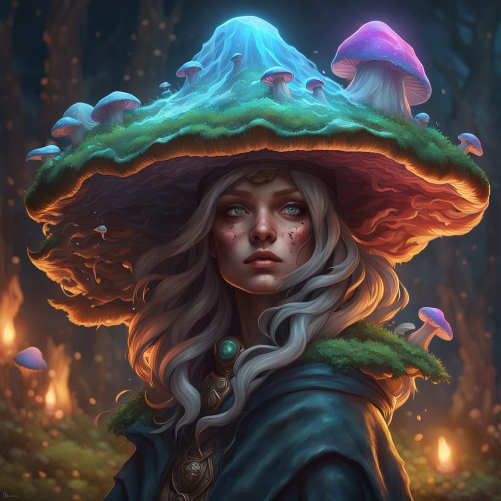 Mushroom Witch Portrait in Hyperdetailed Digital Art