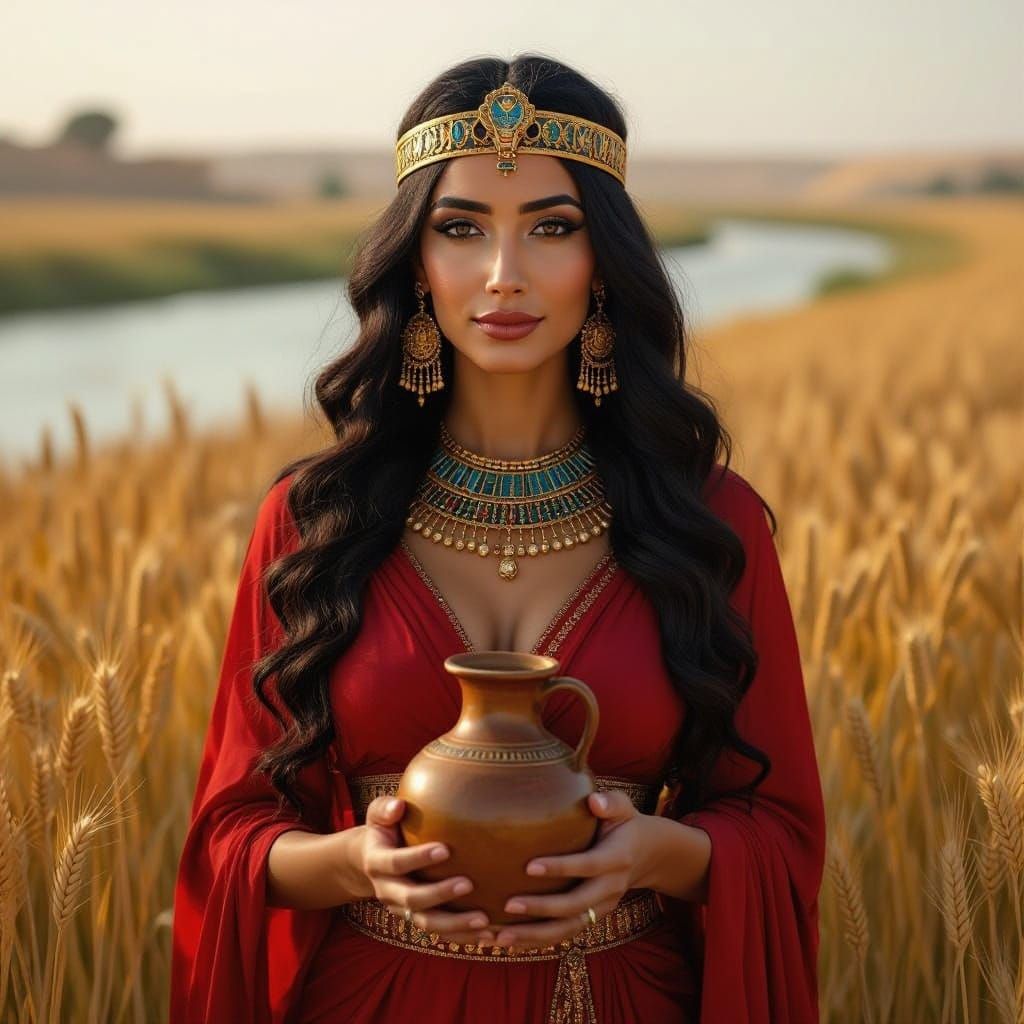 Egyptian Goddess of Beer Tjenmyt Amidst Lush Barley Field
