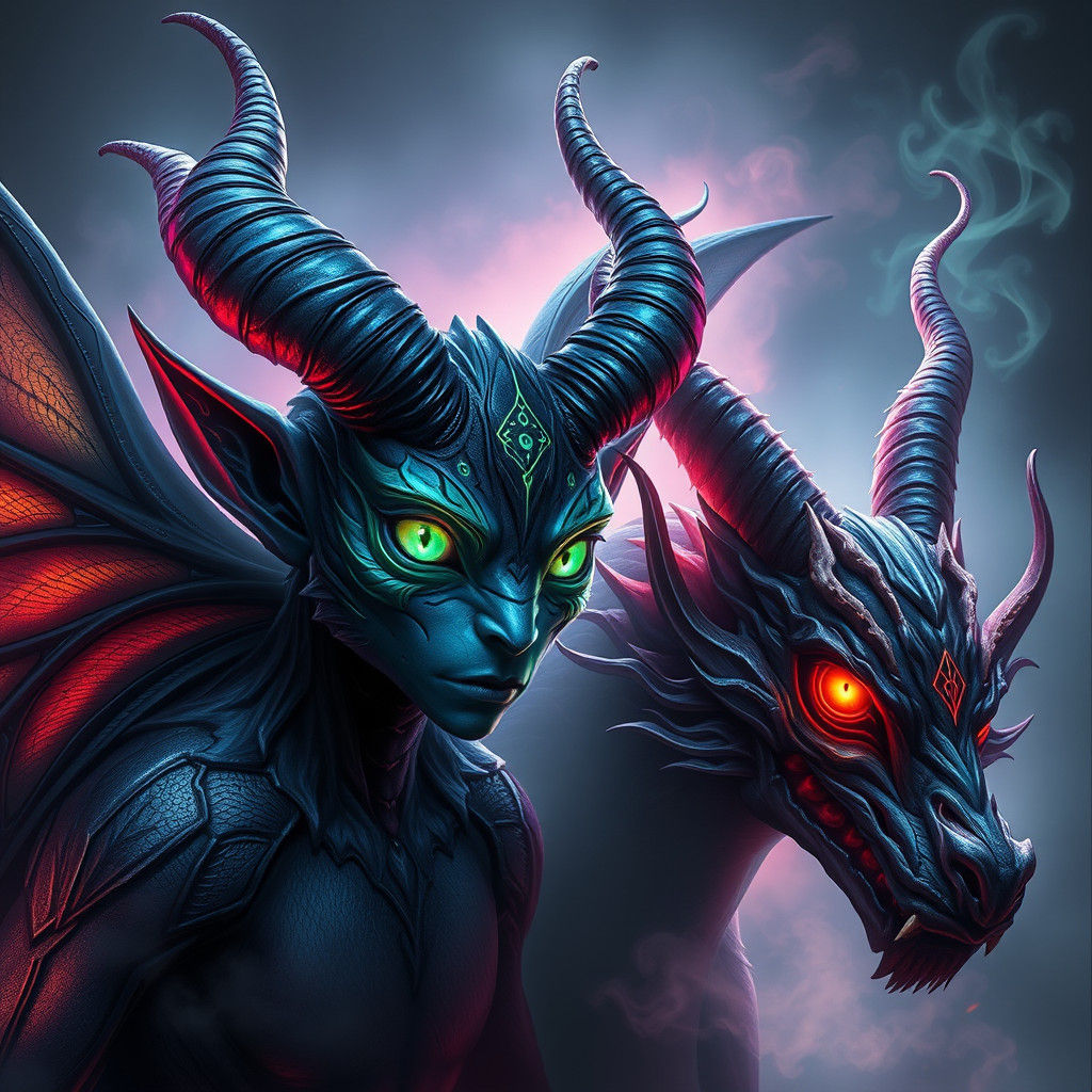 Mystical Imp and Dragondog Demon Portrait in Dark Fantasy St...